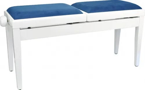 Klavierbank Pianobank Weiß poliert blau Stoffbezug Doppelklavierbank
