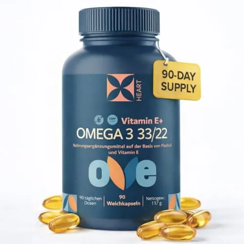 Ove Omega-3 Fischöl 1000 mg – Hochdosiert mit 330 mg EPA & 220 mg DHA + Vitamin E – 90 Softgel-Kapseln – Omega 3 Fischöl Kapseln hochdosiert