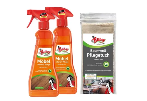 poliboy 2xMöbel Intensiv Pflege 375ml + Baumwoll Pflegetuch Möbelreiniger (Reinigung, Pflege und Schutz von Möbeln aus Holz - Made in Germany)