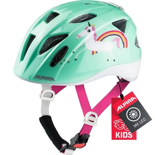ALPINA XIMO Kinderfahrradhelm mit LED-Licht, Mint Unicorn