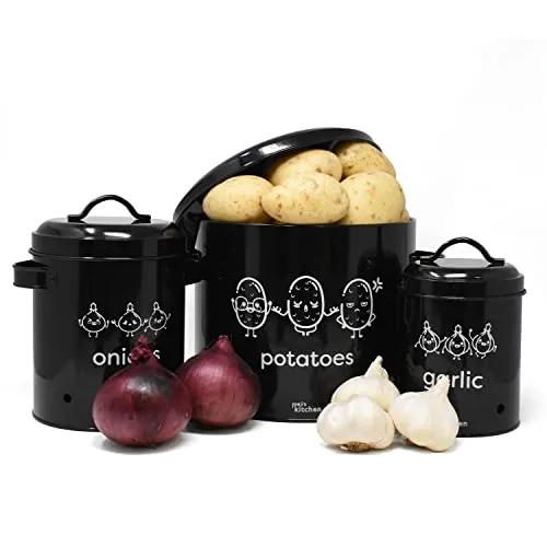 joeji's Kitchen kartoffel aufbewahrungsbox 3er-Set Metall kartoffel zwiebel knoblauch aufbewahrung Mit Deckel mit 360°-Luftzirkulation hält Gemüse länger frisch Gemüse Aufbewahrung - Schwarz