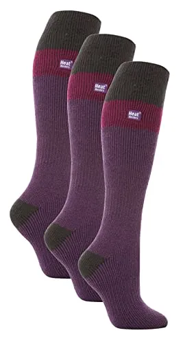 HEAT HOLDERS 3er Pack Damen Bunt Skisocken Winter Extra Warm Gepolstert Kniehohe Thermo Socken (37-42, Lila/Holzkohle)