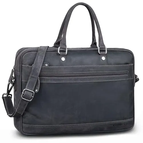 ROYALZ 'Charleston' Echtleder Aktentasche Herren/Damen Umhängetasche Leder groß modern - Business Laptoptasche 14-15.6 Zoll Ledertasche als Henkeltasche Schultertasche, Farbe:Navy Grau