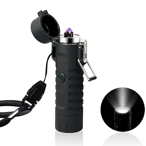 Elektrisch Feuerzeug Winddichte, USB Feuerzeug mit Taschenlampe Flammenlos für Grill, Herd, Kerzen und Outdoor Camping in Ausflüge (Schwarz)