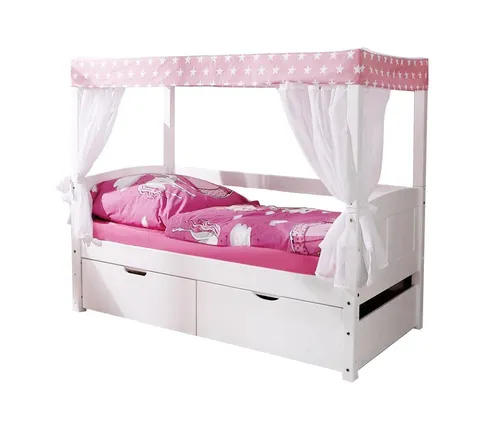 TiCAA Himmelbett Mini mit Bettkasten Stern Rosa - Betten aus massivem Kiefernholz mit abnehmbarem Oberteil, ideal als Einzelbett nutzbar. Inklusive passendem Tüll-Textilien und optionalem Bettkasten für zusätzlichen Stauraum.