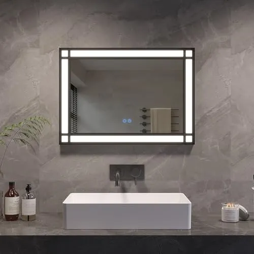 AQUABATOS Badspiegel mit Beleuchtung Schwarzer Rahmen Fensteroptik 50x70cm, Badezimmerspiegel Beleuchtet Beschlagfrei Led Bad Spiegel mit Touch-Schalter, Kaltweiß Dimmbar