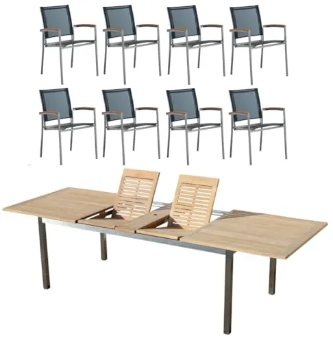 ALEOS. Gartengarnitur Edelstahl & Teak 8 Sessel + Ausziehtisch 200-280 cm | Premium Gartenmöbel Set wetterfest mit Batyline Bezug & A-Grade Teak Holz