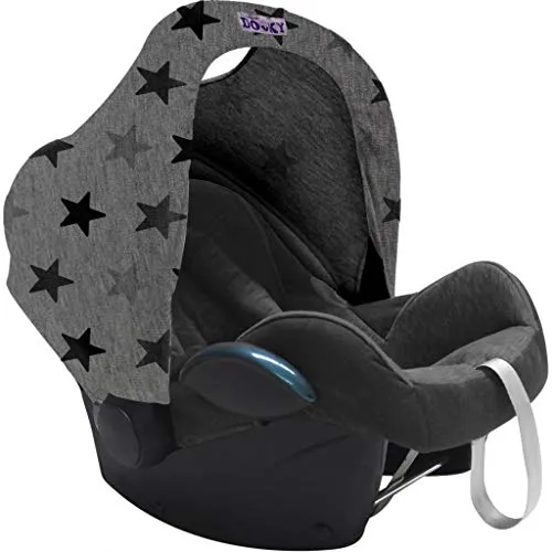 Original Dooky Hoody Sonnenschutz für Babyschalen - Grey Stars - Sonnenschutz mit UV-Schutz 40+ für Babyschalen und Kinderwagen, universell passend und ideal für die Altersgruppe 0+. Schützt vor Sonne, Wind und Regen!