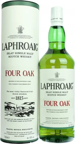 Laphroaig Four Oak - Travel Retail Exclusive - 1,0 Liter - Whisky mit einzigartiger Reifung in vier Fasstypen für unverwechselbaren Geschmack, phenolischer Rauch und Seeeinfluss bleiben erhalten.