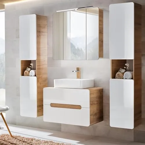 Lomadox Badmöbel-Set LUTON-56, 4-teilig in Weiß und Wotan Eiche - Badmöbel-Set in modernem Design, bestehend aus 4 Teilen, ideal für stilvolle Badezimmer. Maße: 180x200x46 cm, Selbstmontage.