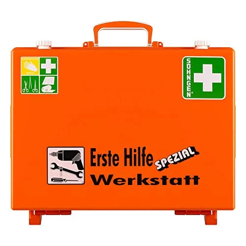 SÖHNGEN Erste-Hilfe-Koffer Werkstatt, Wandhalterung, orange, ASR A4.3/DIN 13157, Art.-Nr. 360111 | Verbandskasten | Notfallkoffer | Erste Hilfe Kasten