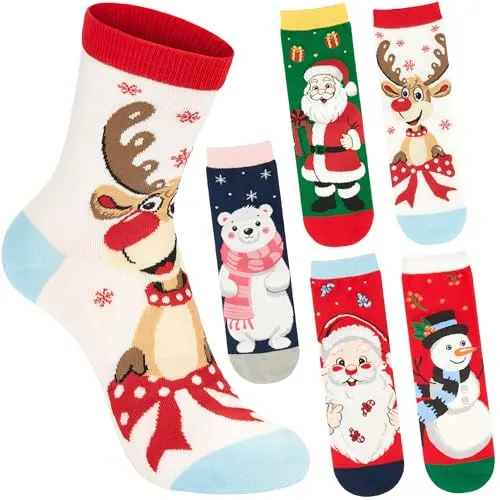 BRUBAKER 5 Paar Weihnachtssocken für Damen - Santa, Rentier und Eisbär - Lustige Socken Weihnachten - Buntes Sockenset - Geschenk für Frauen - Rosa, Blau, Rot, Weiß und Grün - Größe 30-35