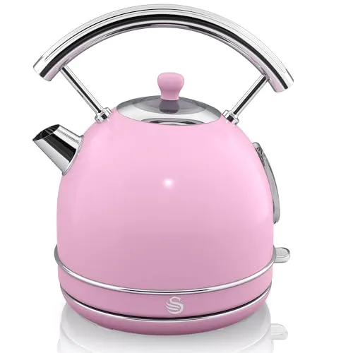 Swan Retro Elektrischer Wasserkocher 1,8 Liter - Vintage Design in Rosa - Wasserkocher mit 1,8L Fassungsvermögen und 3000W Leistung für schnelles Kochen. Mit Retro-Design, BPA-freiem Edelstahl und Sicherheitsfunktionen von Strix für sorgenfreies Kochen.