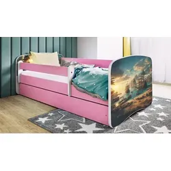 Raumhirsch Kinderbett Rosa mit Schublade 80x180 cm - Stilvolles Kinderbett in Rosa mit abnehmbarer Schutzschiene und geräumiger Schublade. Ideal für Ordnung im Kinderzimmer und maximale Sicherheit beim Schlafen.