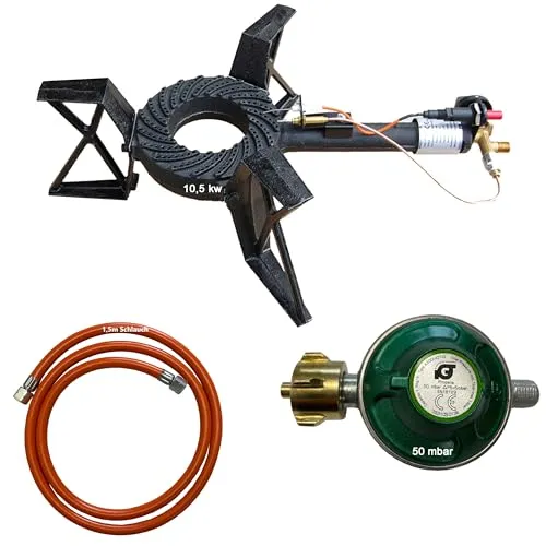 Gaskocher 10,5 kW mit 3 Gussfüßen – Hochleistungs Hockerkocher mit Druckregler 50 mbar, Piezozündung & Zündsicherung – Outdoor Campingkocher für Wok, Pfanne & Topf