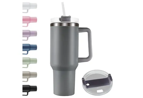 Roomando Thermobecher Becher mit Henkel Strohhalm Edelstahl Autobecher Kaffeebecher grau