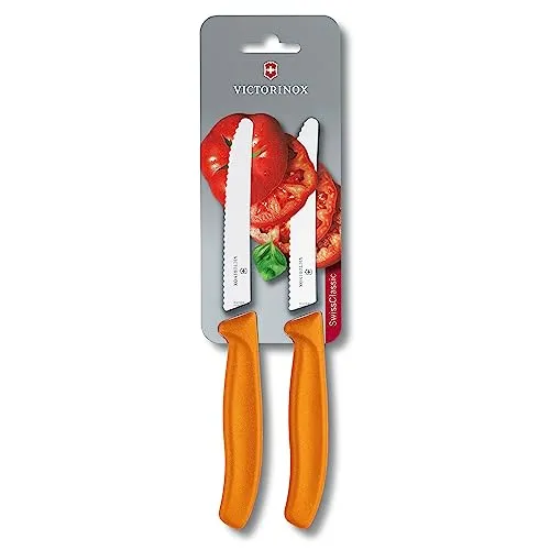 Victorinox Swiss Classic, Frühstücksmesser, Brötchenmesser, Scharfe Klinge, Wellenschliff, 11 cm, Kunststoffgriff, Rostfreier Stahl, Set 2teilig, Orange