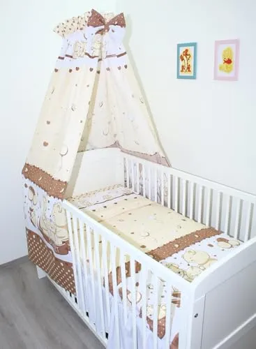 Primawela Babybettwäsche 5-teilig mit Himmel und Reißverschluss - Die 5-teilige Babybettwäsche aus 100% Baumwolle sorgt für einen gemütlichen Schlafplatz. Mit niedlichen Motiven und pflegeleichtem Material ist sie ideal für das Kinderzimmer. Maschinenwaschbar bei 40 Grad.