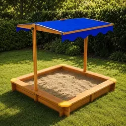 HAGO® Sandkasten mit Dach und UV-Schutz - Massivholz-Sandkasten für Kinder von 1-8 Jahren, quadratisch mit abgerundeten Ecken und höhenverstellbarem Dach für optimalen Sonnenschutz. Ideal für kreatives Spielen im Freien.