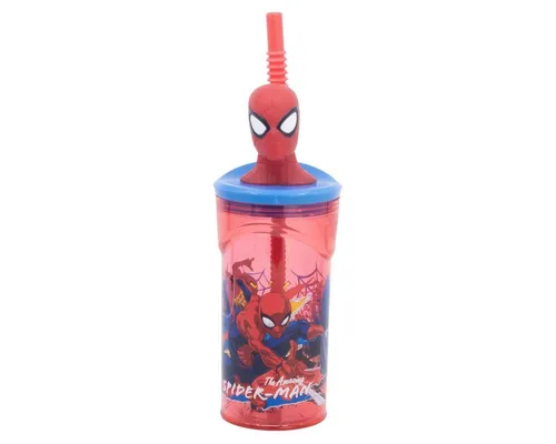 Spiderman Trinkflasche Becher 3D Kindertrinkbecher 360 ml mit Strohhalm & Figurdeckel