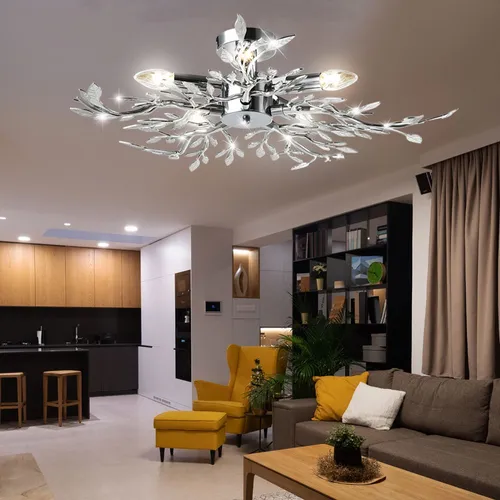 Deckenlampe Blätterlampe rund - Stilvolle Leuchte für Ihr Wohnzimmer - Lampen - Dekorative Deckenleuchte mit verchromten Elementen und satinierten Acrylblättern, 5x E14 Fassungen für individuelle Lichtgestaltung.