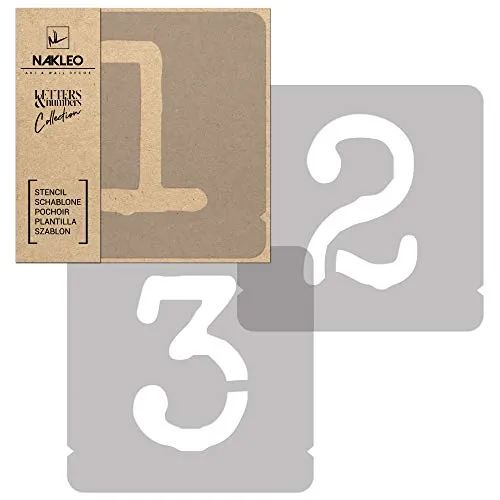 NAKLEO Zahlen Malschablonen Set 12 Stück, 7 cm Ziffern & Zeichen Typewriter Schriftart, Wiederverwendbare Kunststoff Stencil, DIY Handwerk Holz Möbel Wand Dekoration