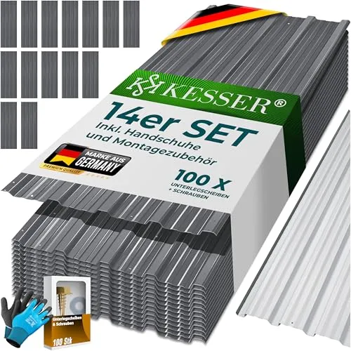 KESSER® 14x Profilblech Trapezblech 110cm x 46cm - Vielseitiges Dachblech - Wellplatten für Gartenhäuser, Carports und mehr. Hergestellt aus rostresistentem, verzinktem Stahl, wetterfest und einfach zu montieren mit vorgebohrten Löchern.