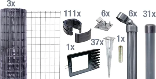 Alberts Fix-Clip Pro Gartenzaun 102 cm, 75 m Komplettset - Gartenzäune - Innovativer Zaun mit einfacher Clipmontage, ideal für jedes Gelände. Inklusive Bodenhülsen und Spezialwerkzeug, robust und langlebig in anthrazit-metallic.