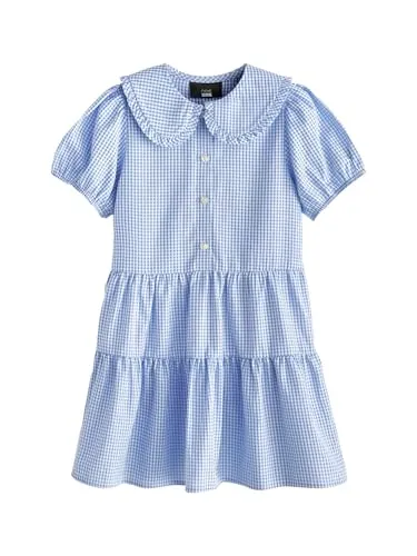 NEXT Mädchen Standard Gestuftes Kleid mit Vichykaros + hübschem Kragen Blau 116