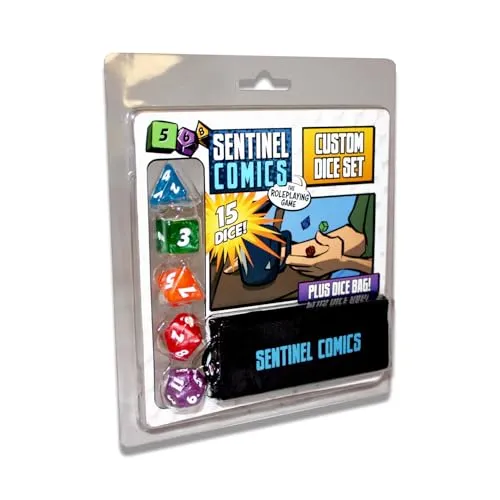Sentinels Comics: The Roleplaying Game Dice Set - Gesellschaftsspiel Würfelset mit 3 Sätzen W4, W6, W8, W10 und W12, inspiriert von den originalen Sentinel Comics, mit eingravierten Zahlen und einzigartigen Farben für ein authentisches Spielerlebnis.