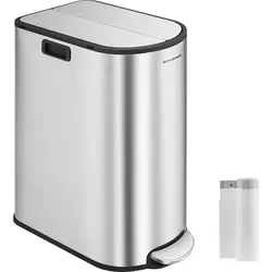 SONGMICS Mülleimer Küche, Mülltrennsystem 2 Fächer - Haushaltszubehör mit 30 L und 20 L Inneneimern für effektive Mülltrennung, inkl. Fußpedal für hygienische Bedienung und modernes Design in metallischem Silber.