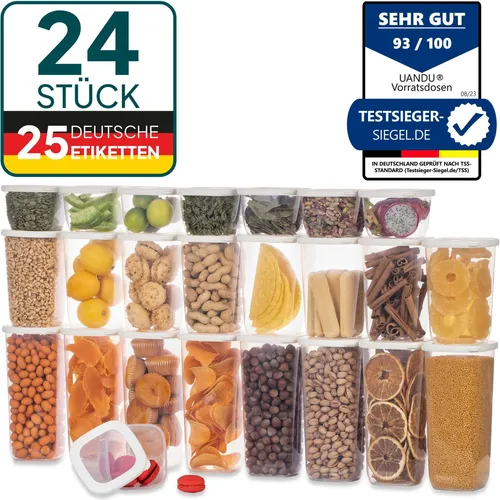 uandu Vorratsdosen Set - Luftdicht und BPA-frei - Küchengeräte-Zubehör: 24 luftdichte Vorratsdosen mit Silikondeckel, spülmaschinenfest und ideal zur Aufbewahrung von Lebensmitteln wie Reis und Müsli.