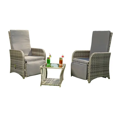 Melko Sitzgruppe Sitzgarnitur Grau Polyrattan Balkonset - Elegantes 3-teiliges Essgruppen-Set im Lounge-Design für Balkon und Garten, mit verstellbaren Rücken- und Fußlehnen für ultimativen Komfort.