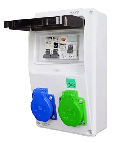 RoadEU E-Bike Ladestation Wandverteiler - Verteilerkasten mit 1x E-Bike-Steckdose und 1x Schuko-Steckdose, IP44, spritzwasser- und staubgeschützt – ideal für Haushalt und Werkstatt.