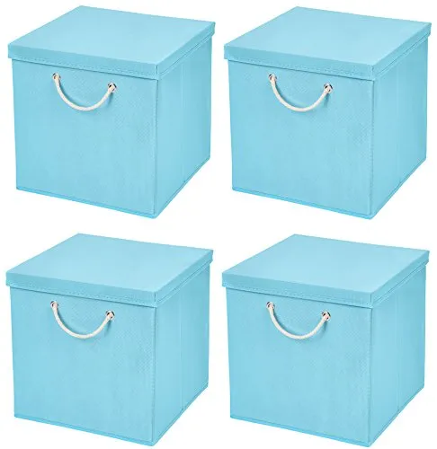 CM3 4 Stück Hellblau Faltbox 30 x 30 x 30 cm Aufbewahrungsbox faltbar mit Kordel und mit Deckel