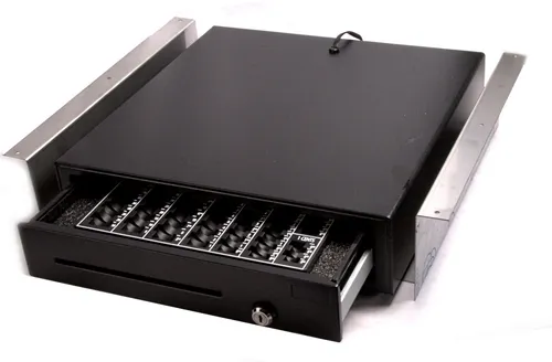 Robuste Geldlade iQCash410CU mit Münzzählbrett - Geldkassetten & Waagen - Bewährte Kassenschublade mit Zähleinsatz, Untertischhalterung und RJ-11 Anschluss, ideal für den professionellen Einsatz.