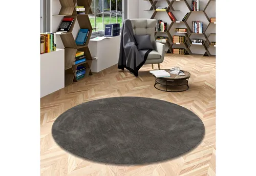 Snapstyle Luxus Teppich Anthrazit, Rund 100x100 cm - Hochflor Teppich in stilvollem Anthrazit, ideal für gemütliche Wohnräume. Die rutschfeste Unterseite sorgt für Sicherheit, während die hohe Grammatur von 1800 g/m² außergewöhnlichen Komfort und Strapazierfähigkeit bietet.