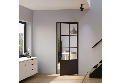 inova wohnen Zimmertür Stahltür Schwarz mit Klarglas 6 Felder (Komplett Set, inkl. Türzarge schwarz und Griffstange), Größenauswahl, Loftstyle