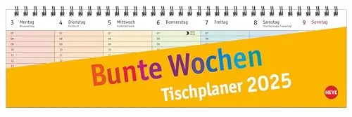 Bunte Wochen Wochenquerplaner 2025: Übersichtlicher Umklapp-Kalender 2025 mit farbig markierten Tagen. Tisch-Kalender für den Schreibtisch. (Bunte Wochen Planer Heye)