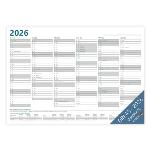 PuK Krämmer GmbH Jahresplaner 2026 A3 | 12 Monate mit Ferien und Feiertage | gefaltet auf DIN A4 | 12 Monate Tafelkalender Vorder- und Rückseite DIN A3 quer Wandplaner