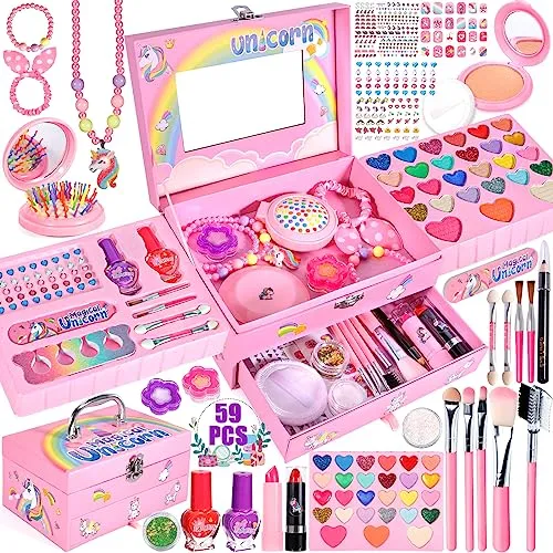 MUOIVG Make-up-Set für Kinder, 59-teilig, waschbar, Make-up-Koffer, Spiele Weihnachten, Halloween, Geburtstag, Geschenk 5-12 Jahre