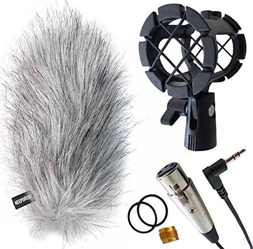 keepdrum Richtmikrofon Zubehörset WSWH + PCMH1 + MC-025XJ - Windschutz für Mikrofone - inklusive Fell-Windschutz und elastischer Spinne zur effektiven Geräuschreduzierung und optimalen Montage für klare Audioaufnahmen.