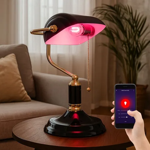 Smart LED Bankerlampe dimmbar – Tischleuchte mit RGB Farbwechsel - Elegante Tischleuchte in anthrazit und gold mit App-Steuerung, dimmbar und RGB Farbwechsel für stimmungsvolle Beleuchtung. Ideal für Schreibtisch oder Wohnraum.