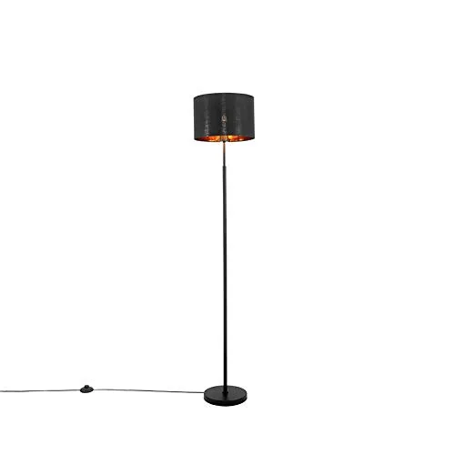 Moderne Stehlampe schwarz mit Gold - Qazqa VT 1 - Standleuchten & Deckenfluter für Wohnzimmer und Schlafzimmer, dimmbar und elegant mit Textil rundem Design, ideal für stimmungsvolle Beleuchtung.
