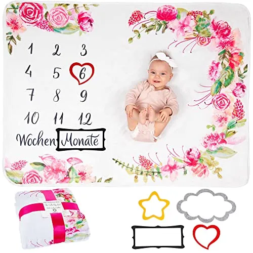 ODOXIA Baby Meilenstein Decke auf Deutsch | Monatsdecke Baby Junge & Mädchen, Unisex | Blumen & Blätter | Personalisiertes Neugeborenen-Geschenk für Mütter | Babydecke | Meilensteindecke und Rahmen