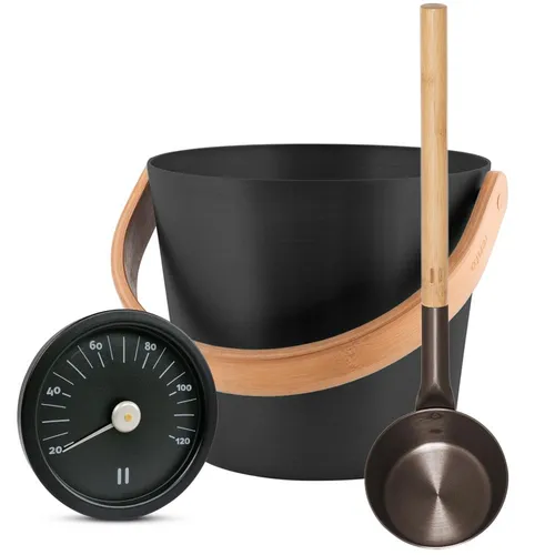 Saunazubehör SET Sauna Kübel Aufguss Kelle Thermometer aluminium SCHWARZ Rento