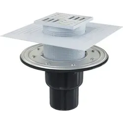 Alcadrain Bodenablauf 105 mm x 105 mm mit senkrechten Abgang DN 75 mm, Edelstahl Rost, Edelstahl-Dichtungflansch und Manschette-2. Abdichtung, Geru...