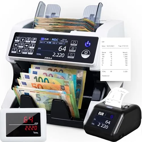 Jubula MV-500 Geldzählmaschine für gemischte Geldscheine Bundle mit Jubula MPR-1| UV/MG/IR/DD/2CIS usw. | EUR USD GBP usw. | Banknotenzähler | Geldzähler | Banknotenzählmaschine (MV-500+Printer)