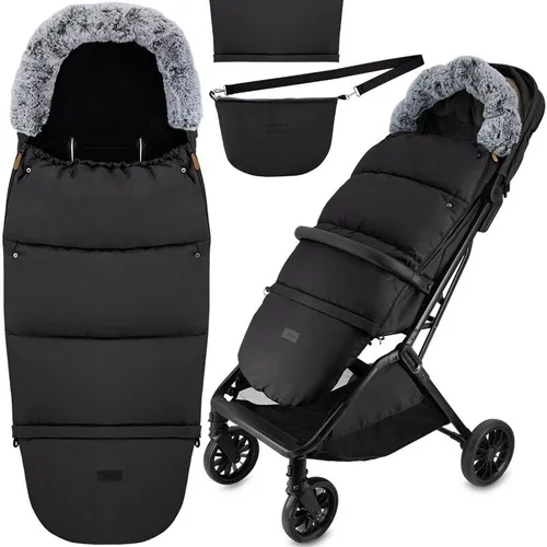 MoMi Thermo-Fußsack in Schwarz - Fußsack aus wind- und wasserabweisendem Obermaterial, ideal für Kinderwagen und Schlitten, passend für 3- und 5-Punkt-Gurte, mit kuscheligem Fleece-Futter.