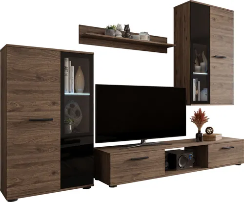 Mirjan24 Wohnwand Nussbaum - Moderne Wohnwand aus Holzwerkstoff mit LED-Beleuchtung, ideal für stilvolle Wohnzimmer und platzsparende Lösungen.